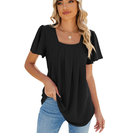 Women's Summer Tunic Tops Square Neck T Shirts Ruffled Short Sleeve Blouses