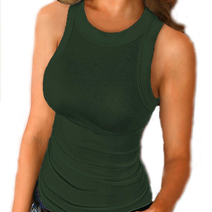 Women Summer Stretch Slim Round Neck Ribbed Tank Sleeveless Solid Top