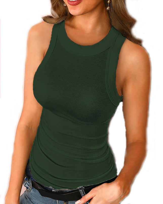 Women Summer Stretch Slim Round Neck Ribbed Tank Sleeveless Solid Top