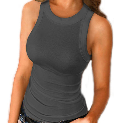 Women Summer Stretch Slim Round Neck Ribbed Tank Sleeveless Solid Top