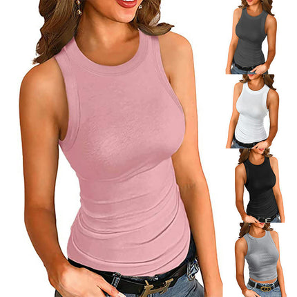 Women Summer Stretch Slim Round Neck Ribbed Tank Sleeveless Solid Top