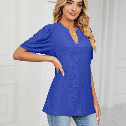 Summer Puff Short Sleeve Shirts for Women Loose Fit Eyelet T Shirt V Neck Tunic Tops