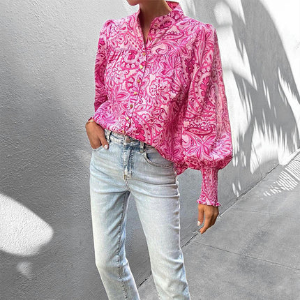 Women Loose V-Neck Shirts Print Lantern Long Sleeve Blouse Tops