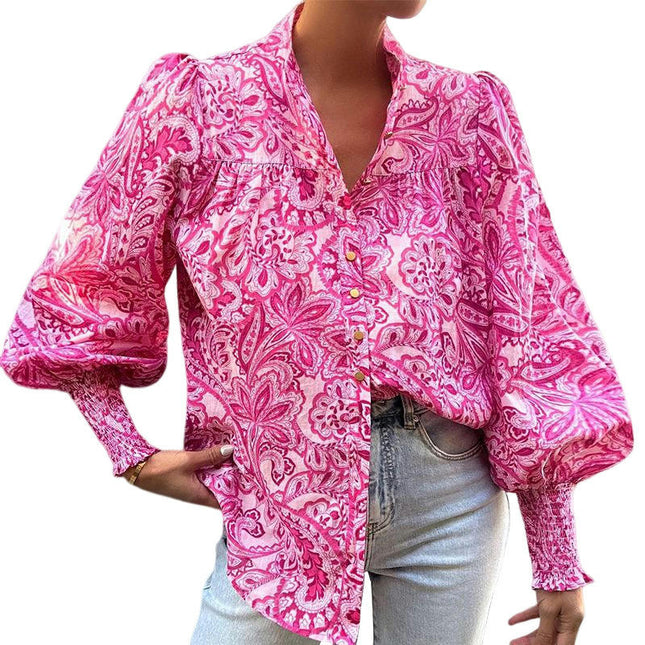 Women Loose V-Neck Shirts Print Lantern Long Sleeve Blouse Tops