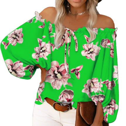 Women's Print Off Shoulder Long Sleeve Loose Blouses Tops