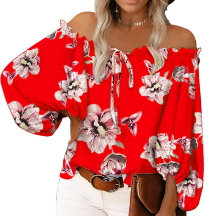 Women's Print Off Shoulder Long Sleeve Loose Blouses Tops