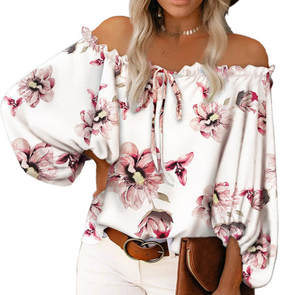 Women's Print Off Shoulder Long Sleeve Loose Blouses Tops