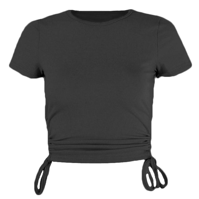 Women's Round Neck Short Sleeve Drawstring Side Slim Fit Crop Tops