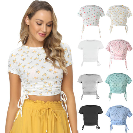 Women's Round Neck Short Sleeve Drawstring Side Slim Fit Crop Tops