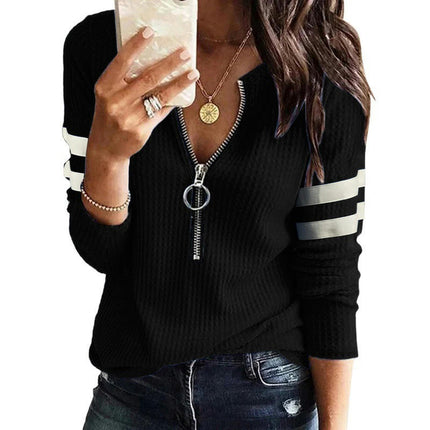 Women's V Neck Long Sleeve T Shirts Front Zipper Tops Ribbed Loose Shirts