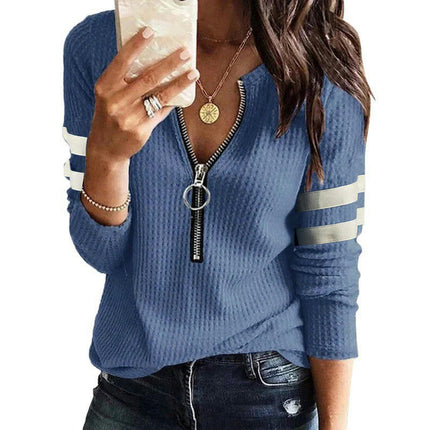 Women's V Neck Long Sleeve T Shirts Front Zipper Tops Ribbed Loose Shirts