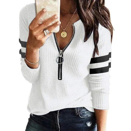 Women's V Neck Long Sleeve T Shirts Front Zipper Tops Ribbed Loose Shirts