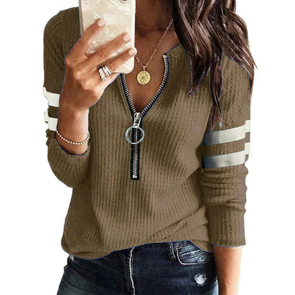 Women's V Neck Long Sleeve T Shirts Front Zipper Tops Ribbed Loose Shirts