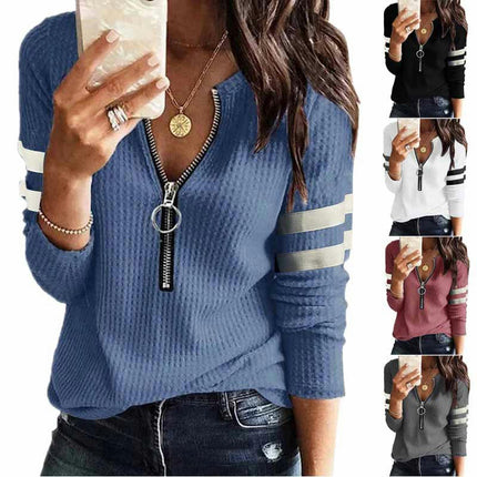 Women's V Neck Long Sleeve T Shirts Front Zipper Tops Ribbed Loose Shirts