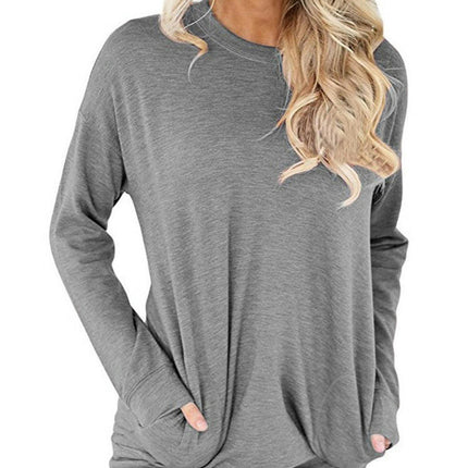 Women's Casual Long Sleeve Round Neck Pocket T Shirts Sweatshirts Tops