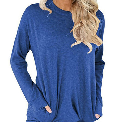 Women's Casual Long Sleeve Round Neck Pocket T Shirts Sweatshirts Tops