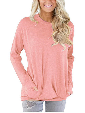 Women's Casual Long Sleeve Round Neck Pocket T Shirts Sweatshirts Tops