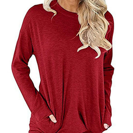 Women's Casual Long Sleeve Round Neck Pocket T Shirts Sweatshirts Tops