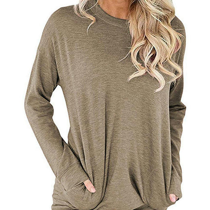 Women's Casual Long Sleeve Round Neck Pocket T Shirts Sweatshirts Tops