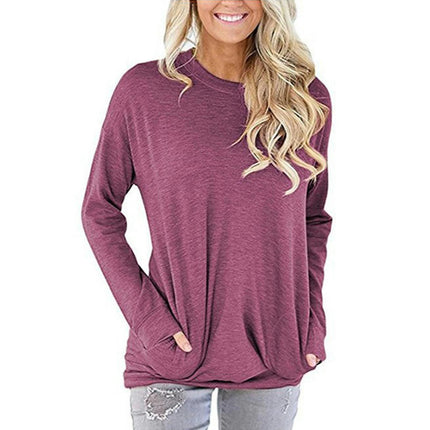 Women's Casual Long Sleeve Round Neck Pocket T Shirts Sweatshirts Tops