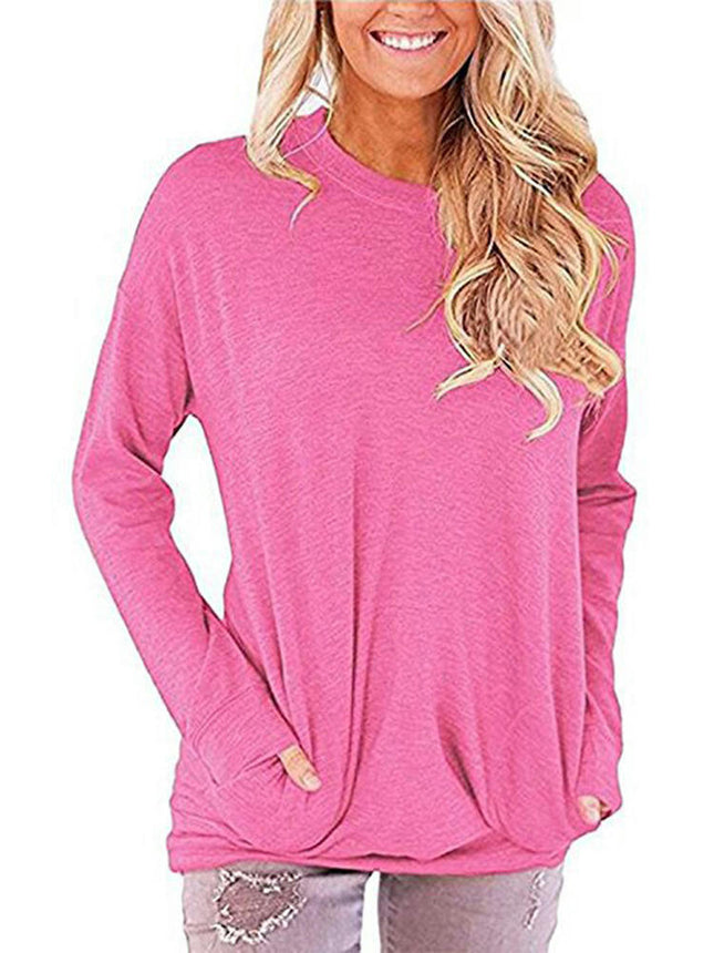 Women's Casual Long Sleeve Round Neck Pocket T Shirts Sweatshirts Tops