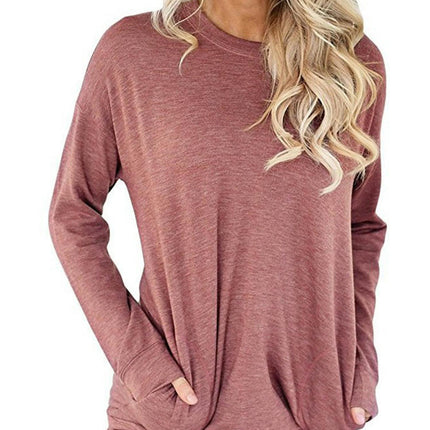 Women's Casual Long Sleeve Round Neck Pocket T Shirts Sweatshirts Tops