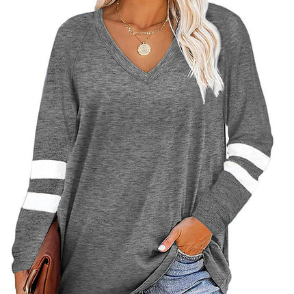 Women's Casual Long Sleeve Color Block Tops V Neck Sweatshirts Loose Fit Pullover