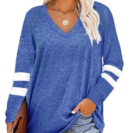 Women's Casual Long Sleeve Color Block Tops V Neck Sweatshirts Loose Fit Pullover