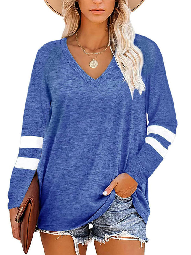 Women's Casual Long Sleeve Color Block Tops V Neck Sweatshirts Loose Fit Pullover