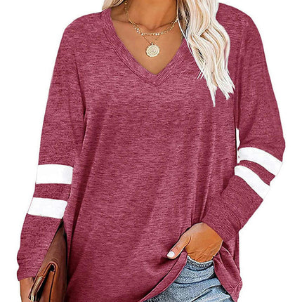 Women's Casual Long Sleeve Color Block Tops V Neck Sweatshirts Loose Fit Pullover