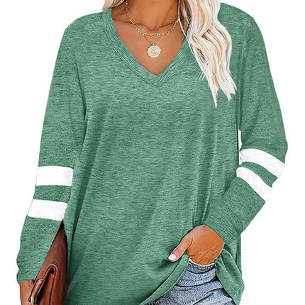 Women's Casual Long Sleeve Color Block Tops V Neck Sweatshirts Loose Fit Pullover