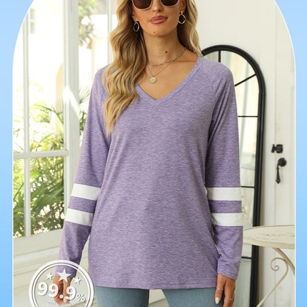 Women's Casual Long Sleeve Color Block Tops V Neck Sweatshirts Loose Fit Pullover