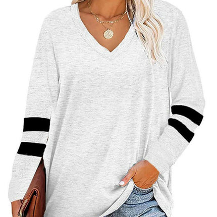 Women's Casual Long Sleeve Color Block Tops V Neck Sweatshirts Loose Fit Pullover