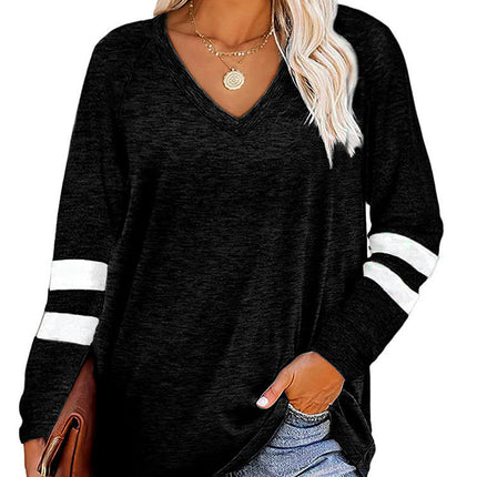 Women's Casual Long Sleeve Color Block Tops V Neck Sweatshirts Loose Fit Pullover