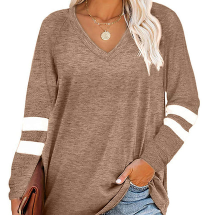 Women's Casual Long Sleeve Color Block Tops V Neck Sweatshirts Loose Fit Pullover