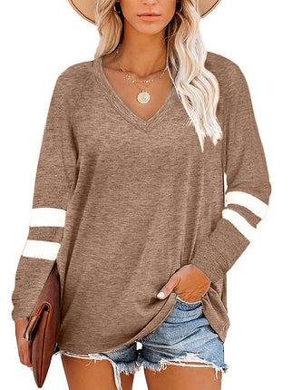 Women's Casual Long Sleeve Color Block Tops V Neck Sweatshirts Loose Fit Pullover