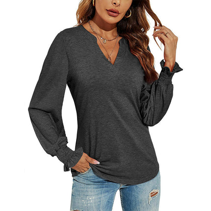 Women's Casual V-Neck T-Shirts Loose Puff Long Sleeve Tops Tunic Blouses