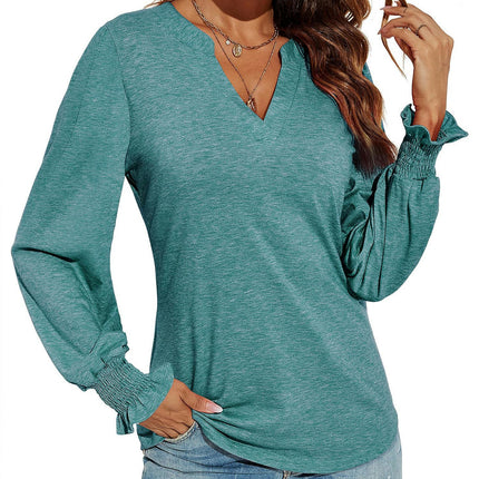 Women's Casual V-Neck T-Shirts Loose Puff Long Sleeve Tops Tunic Blouses