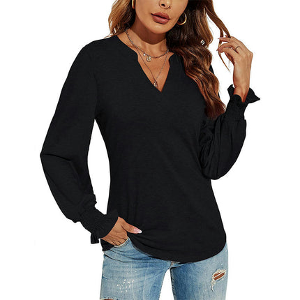 Women's Casual V-Neck T-Shirts Loose Puff Long Sleeve Tops Tunic Blouses