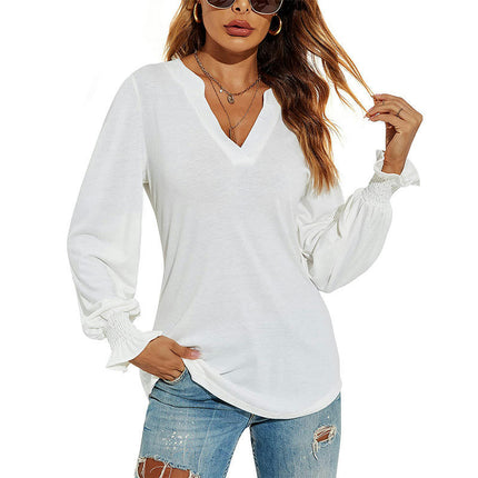 Women's Casual V-Neck T-Shirts Loose Puff Long Sleeve Tops Tunic Blouses