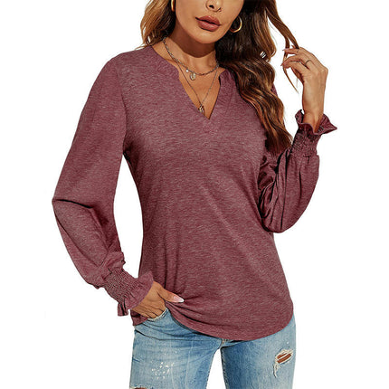 Women's Casual V-Neck T-Shirts Loose Puff Long Sleeve Tops Tunic Blouses