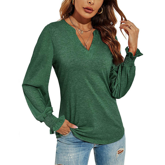 Women's Casual V-Neck T-Shirts Loose Puff Long Sleeve Tops Tunic Blouses