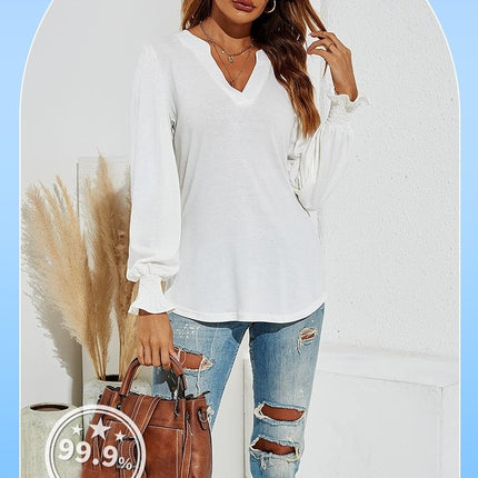 Women's Casual V-Neck T-Shirts Loose Puff Long Sleeve Tops Tunic Blouses