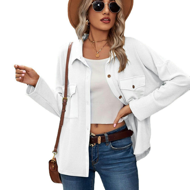 Women's Tops Waffle Knit Casual Jackets Long Sleeve Button Down Shirts Tops