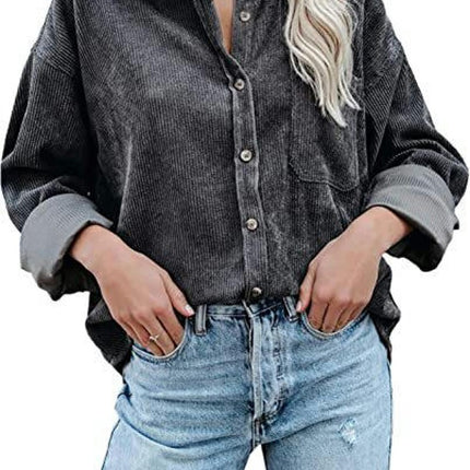 Women's Corduroy Button Down Shacket Casual Long Sleeve Shirt Tops with Pocket