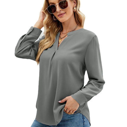 Women Casual Chiffon Blouse Tops Loose V Neck Long Sleeve Blouse