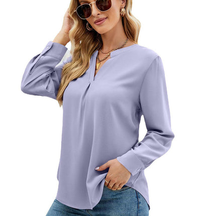 Women Casual Chiffon Blouse Tops Loose V Neck Long Sleeve Blouse