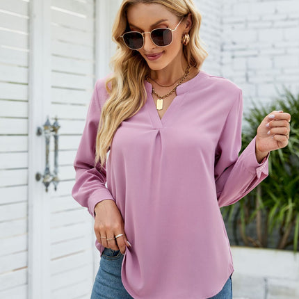 Women Casual Chiffon Blouse Tops Loose V Neck Long Sleeve Blouse