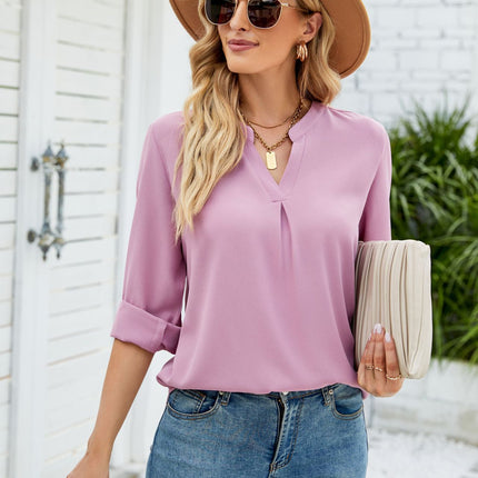 Women Casual Chiffon Blouse Tops Loose V Neck Long Sleeve Blouse