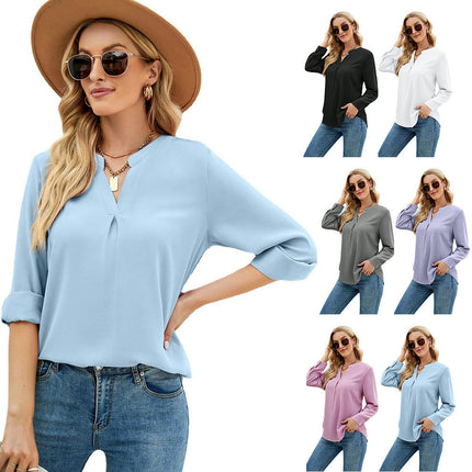 Women Casual Chiffon Blouse Tops Loose V Neck Long Sleeve Blouse